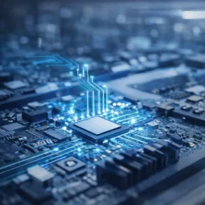 Semiconductor development platform with illuminated circuit pathways representing Edgewater Wireless’ 2026 corporate update and Wi-Fi 8 roadmap
