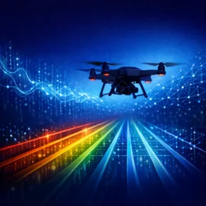 AI-powered Wi-Fi Spectrum Slicing technology visualized as a drone flying above multi-channel wireless spectrum lanes, representing low-latency, mission-critical connectivity.