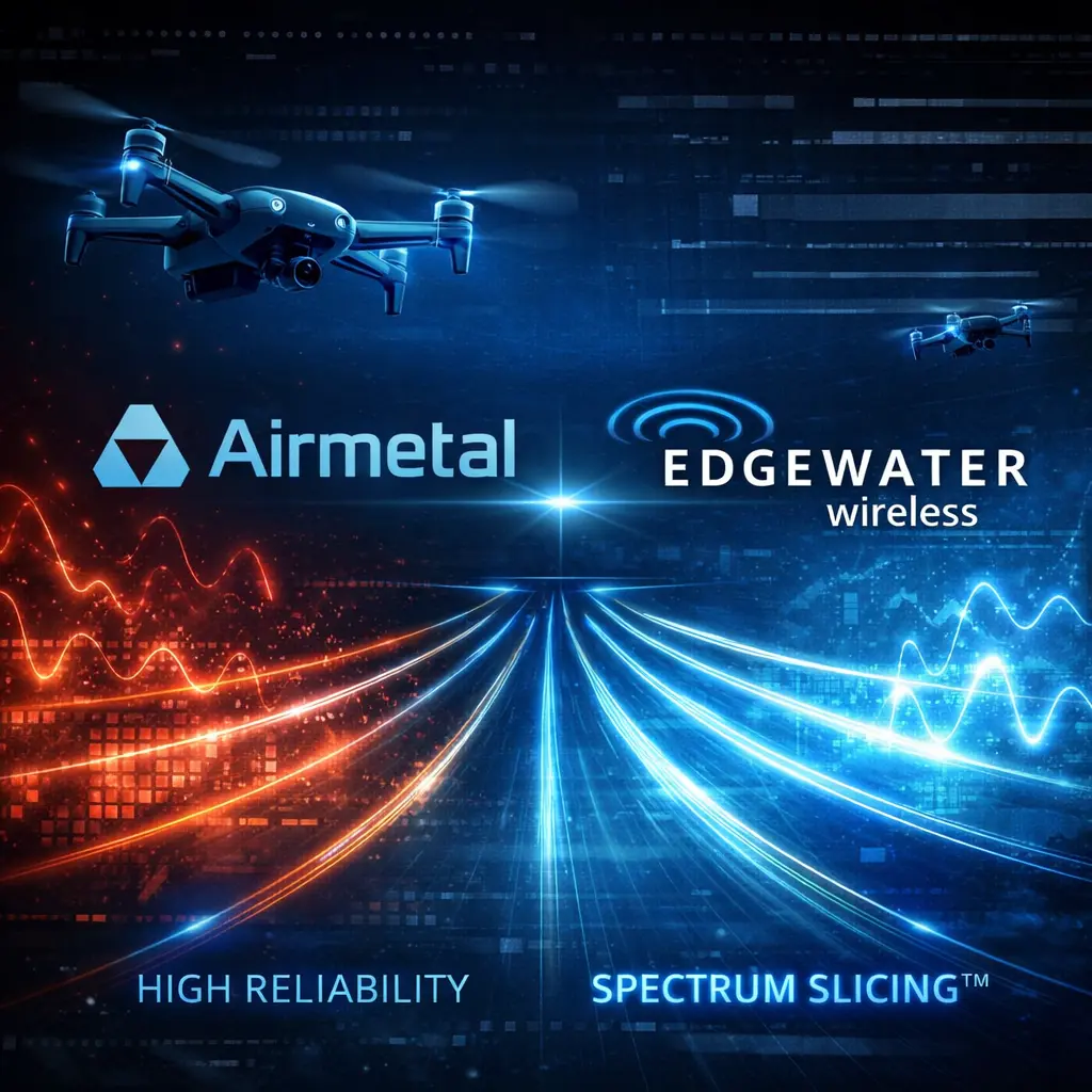 AirMetal and Edgewater Wireless partnership graphic showing UAV connectivity and high-reliability wireless technology for dual-use applications