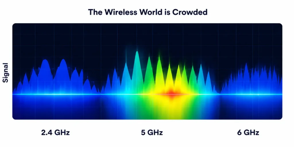 Visualization of crowded Wi-Fi spectrum across 2.4 GHz, 5 GHz and 6 GHz bands showing wireless congestion and the need for improved spectrum efficiency.