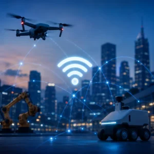 Drone, autonomous robot and industrial automation connected through resilient wireless communications, representing Edgewater Wireless PrismIQ™ and Spectrum Slicing™ technology for AI and mission-critical connectivity.