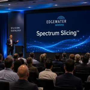 Presenter showcasing Edgewater Wireless Spectrum Slicing technology during a Silicon Catalyst semiconductor industry presentation, highlighting next-generation Wi-Fi silicon innovation and commercialization.