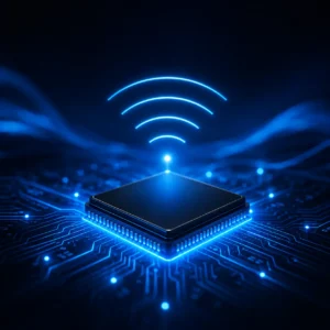 Concept illustration of an AI-powered Wi-Fi semiconductor chip representing Edgewater Wireless PrismIQ Spectrum Slicing technology and engineering design review for next-generation wireless connectivity.